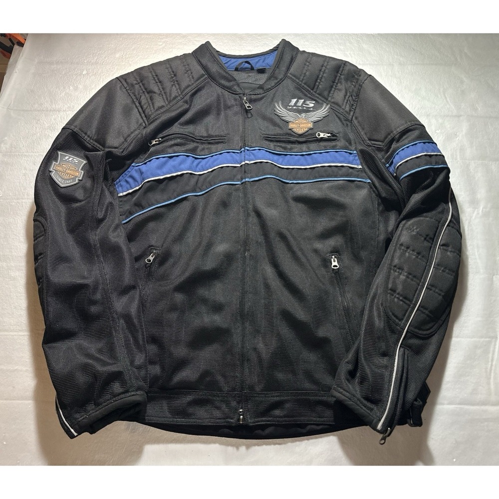 Harley Davidson 115th Anniversary Motorcycle Jacket Mens XL Black Blue Mesh